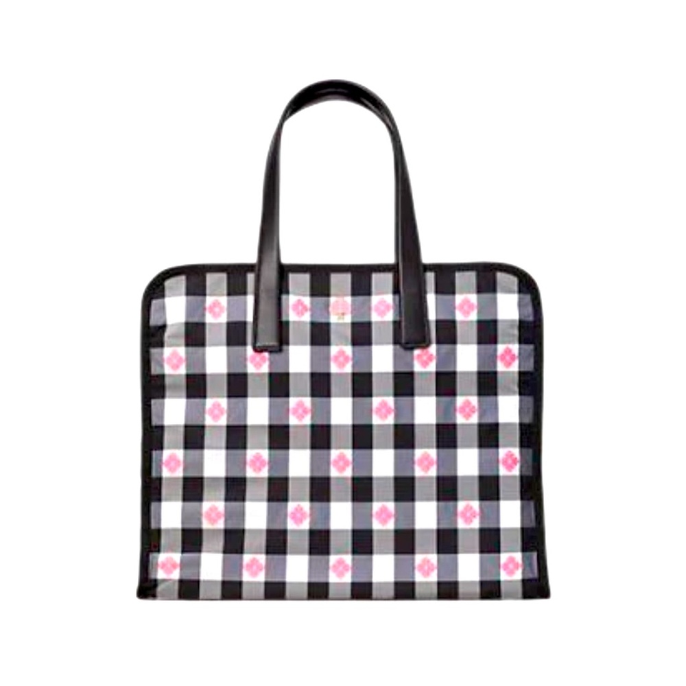 kate spade Black and White Gingham Tote with Pink Floral Accents